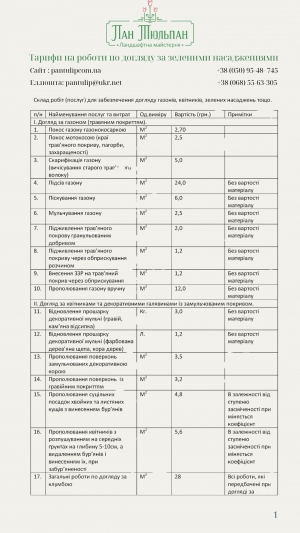 Тарифи на доглядні роботи для територій загального користування стор 1